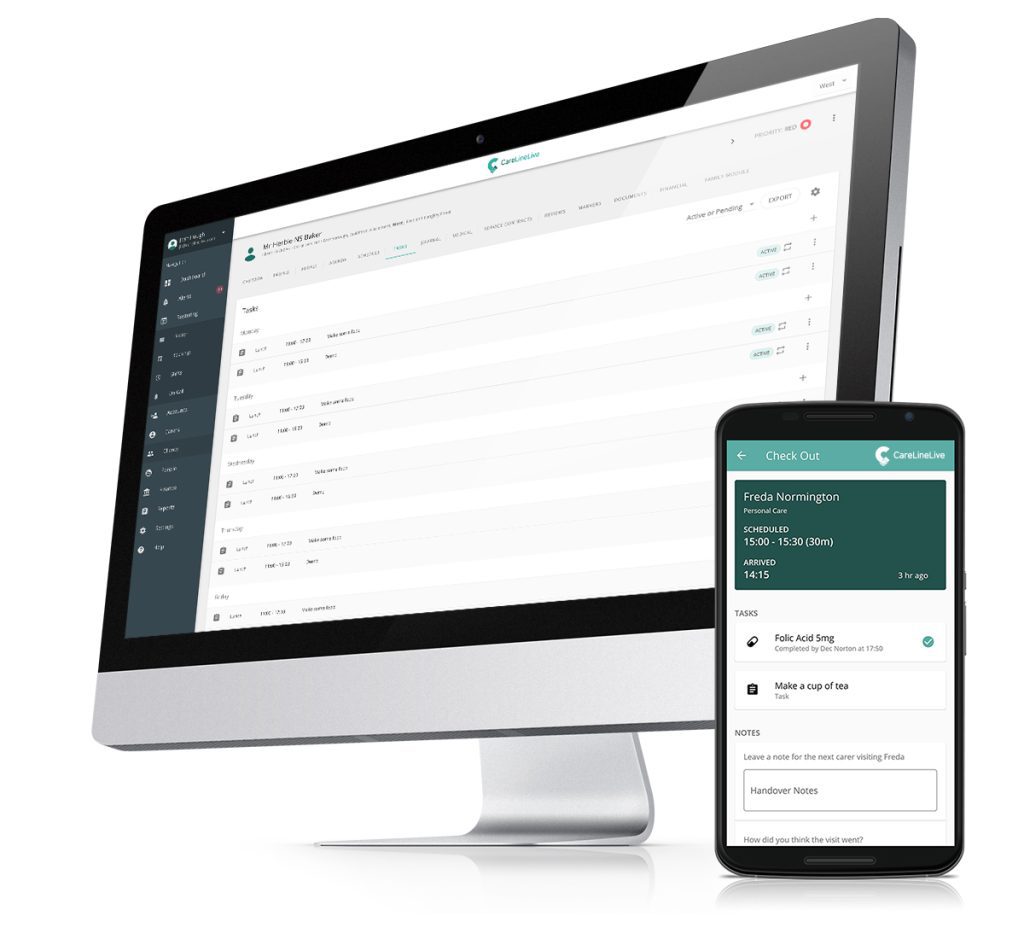 CareLineLive eMAR solution shown on desktop and on mobile handset